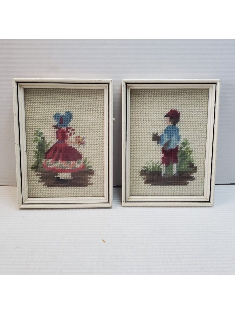 Embroidered Girl And Boy Tapestry 7.5x5.75 Vintage Framed Handmade Cottagecore